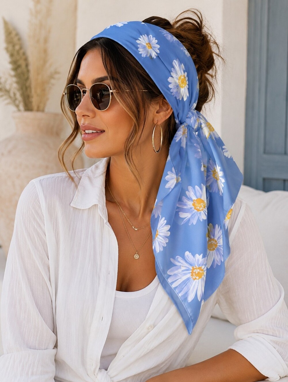 Blue Daisy Print Scarf/Headscarf /Bag Accessory Fashion Women Accessories